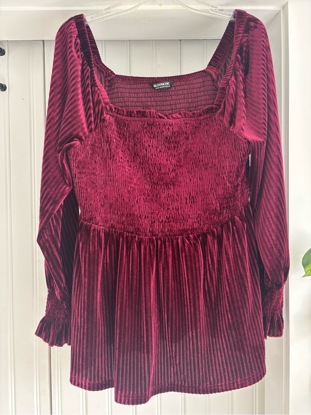 Bloomchic Burgundy Velvet Long-Sleeve Peplum Top